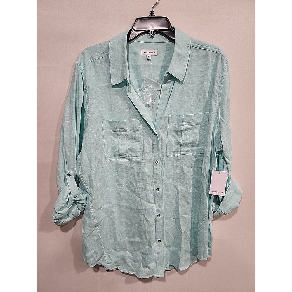 Westbound NWT Blouse‎ Linen Blend Womens XL Lt. Blue Long Sleeve Cuffed Pockets